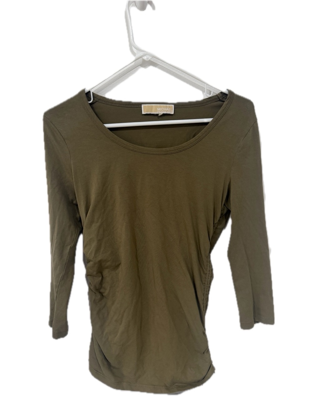 Michael Kors Women’s Olive Green 3/4 Sleeve Scoop Neck Ruched Top